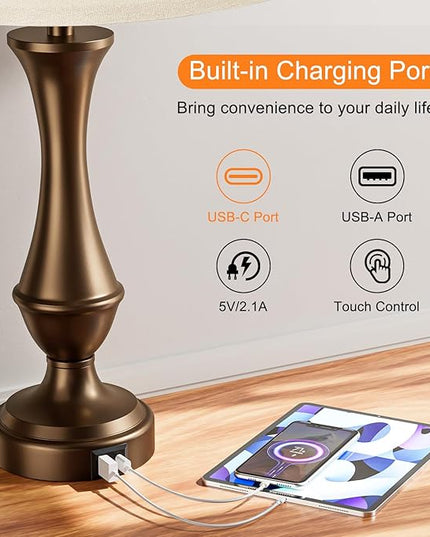 Touch Lamps for Bedrooms Set of 2 - Nightstand Table Lamp with USB C+A, 3 Way Dimmable Bedside Lamps for Living Room End Tables Set of 2, Farmhouse Night Stand Lamps for Bed Side Guest Room(Brown) - LeafyLoom