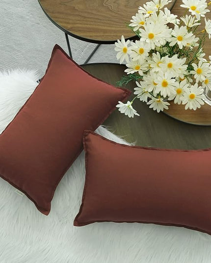 Jeanerlor Natural Cotton Linen Green Decorative 12"x20" Throw Pillow Case Cushion Cover with Twin Needles Stitch on Edge for Lumbar, (30 x 50cm), 2 Pcs, Reddish Brown - LeafyLoom