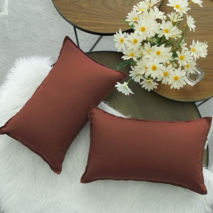 Jeanerlor Natural Cotton Linen Green Decorative 12"x20" Throw Pillow Case Cushion Cover with Twin Needles Stitch on Edge for Lumbar, (30 x 50cm), 2 Pcs, Reddish Brown - LeafyLoom