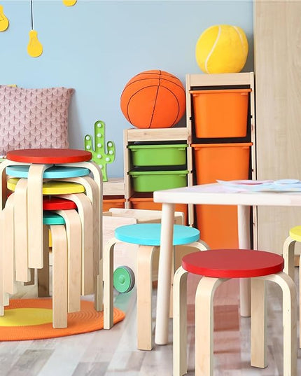 4 Pcs 12 Inch Bentwood Stacking Stool for Kids Colored Durable Round Nesting Stool Flexible Wood Stackable Stool Chairs for Playroom Daycare Home Classroom (Bright Color) - LeafyLoom