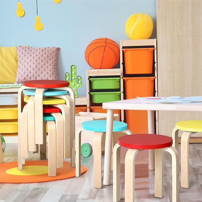 4 Pcs 12 Inch Bentwood Stacking Stool for Kids Colored Durable Round Nesting Stool Flexible Wood Stackable Stool Chairs for Playroom Daycare Home Classroom (Bright Color) - LeafyLoom