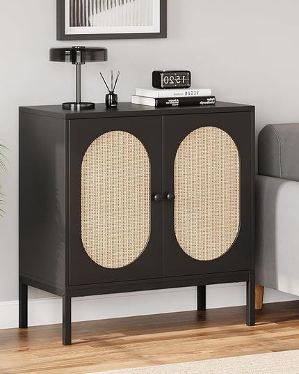 GAOMON Sideboard Buffet Cabinet, Rattan Storage Cabinet, Wood Accent Cabinet with Door and Shelf, Console Cabinet with Storage, Sideboard Cabinet for Hallway, Entryway, Living Room (Black) - LeafyLoom