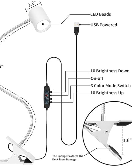 Dott Arts Desk Lamp,USB Clip On Light with 3 Color Modes,LED 10 Levels Brightness Reading Lamp, 360°Gooseneck Book Light,Eye-Care Reading Light for Home Office,Headboards White… - LeafyLoom