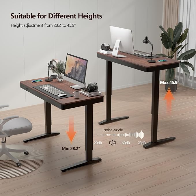 Standing Desk with Drawer and Wireless Charging,48x24 inch Dual Motor Electric Standing Desk,Stand Up Desk with Whole-Piece Desktop(Black Oval Legs+Rustic Brown Top) - LeafyLoom