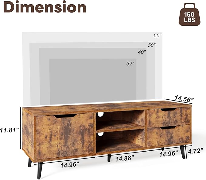 Maxtown TV Stands for Living Room, TV Console Table for 55 Inch TV, Entertainment Center with 1 Cabinet, 2 drawers, Media Console with Metal Feet for Bedroom, Living Room, Rustic Brown - LeafyLoom