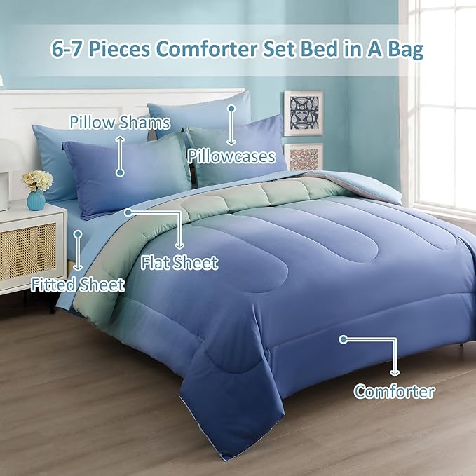 Dinjoy Girls Comforter Set Twin Size Colorful Rainbow Ombre Blue Green Pink Bedding Set Gradient 6 Pieces Bed in A Bag for Kids Teen Girl Women(1 Comforter, 1 Flat Sheet, 1 Fitted Sheet) - LeafyLoom