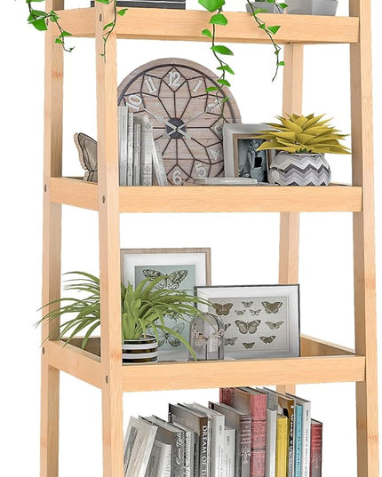 Bamboo Bookshelf, 4 Tier Ladder Shelf, Freestanding Storage Shelf Rack for Bathroom, Kitchen, Living Room - LeafyLoom