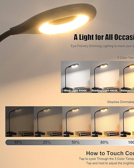 DEEPLITE LED Desk Lamp Clip on Lamp Battery Powered Clip on Light Book Light for Bed, Eye-Caring Flexible Arm Memory Touch 3 Color Modes & Stepless Brightness Portable Reading Light for Study Work. - LeafyLoom