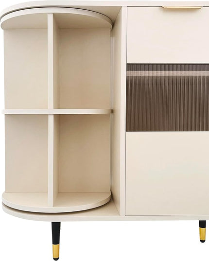 51.1" Rotating Storage Cabinet Sideboard with 2 of Tempered Changhong Glass and 2 Drawers,Wooden Console Table,w/Built-in Shelves & Turntable,for Living Room,Beige - LeafyLoom