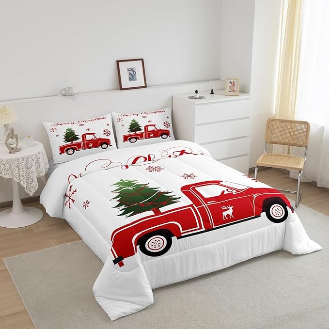 Christmas Tree Comforter Set Queen Size Red Truck Bedding Set Boys Girls Red Xmas Gift Snowflakes Comforter for Teens Bedroom Decor Elk Deer Christmas Decorations Bedding Duvet Set - LeafyLoom
