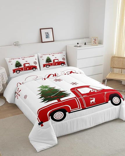 Christmas Tree Comforter Set Twin Size Red Truck Bedding Set Boys Girls Red Xmas Gift Snowflakes Comforter for Teens Bedroom Decor Elk Deer Christmas Decorations Bedding Duvet Set - LeafyLoom