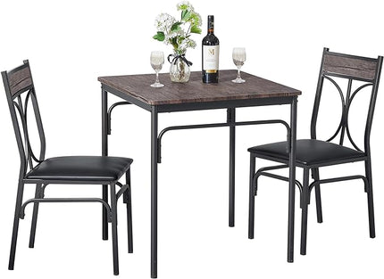 VECELO Kitchen Dining Room Table 2 Chairs for Small Space, Apartment,Metal Steel Frame, 3-Piece Set, Brown - LeafyLoom