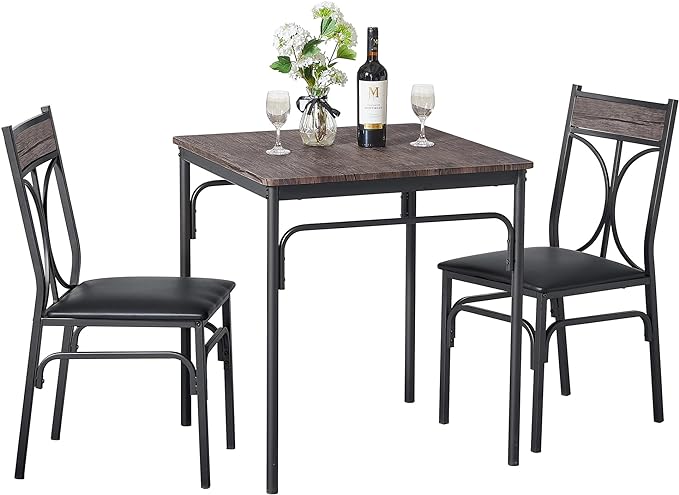 VECELO Kitchen Dining Room Table 2 Chairs for Small Space, Apartment,Metal Steel Frame, 3-Piece Set, Brown - LeafyLoom