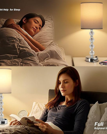 Acaxin Touch Bedside Crystal Lamps for Bedrooms Nightstand with USB C+A Charging Port and AC Outlet White, 3 Way Dimmable Silver Large End Side Table Lamp for Living/Dinning Room/Kitchen/Bedroom - LeafyLoom