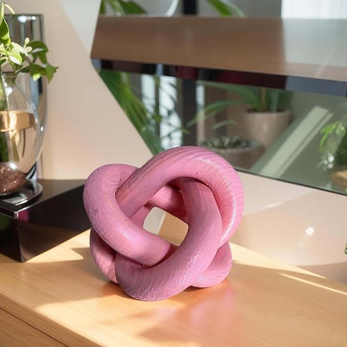 Wood Knot Decor -Coffee Table Decor Shelf Decor Table Books Hand Carved Home Decoration Boho Country Rustic Modern Shabby Chic Style Decor 3 Link Wooden Knot Chain Link Decor (Pink) - LeafyLoom