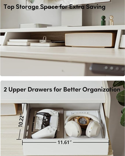 BANTI Height Adjustable Electric Standing Desk with Three Drawers, 48 x 25 Inch Table with Storage Shelf, Sit Stand Desk with Storage Space, Splice Board with White Frame/Light Walnut Top, 48 inch - LeafyLoom