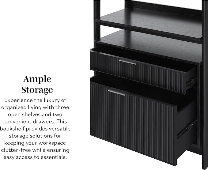 Walker Edison Modern Reeded 4-Shelf Bookshelf Bottom, 33 Inch, Two-Drawer Black - LeafyLoom