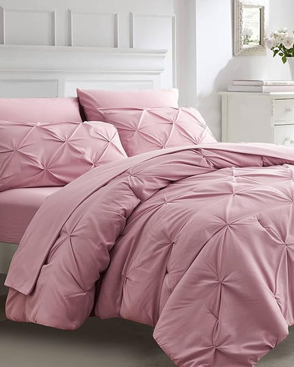Ubauba 7pc King Size Comforter Set with Sheets, Blush 7 Piece Pintuck Bed in a Bag with Comforters and Sheets, Soft Fluffy Pinch Pleat Bedding Sets for Women (Pink,King) - LeafyLoom