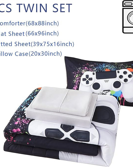 KAKKI 4 Piece Boys Twin Gamer Comforter Set with Sheets, 3D Colorful Video Game Controller Comforter for Kids Teen, All Season Soft Microfiber Gaming Bedding Set(White,Twin) - LeafyLoom