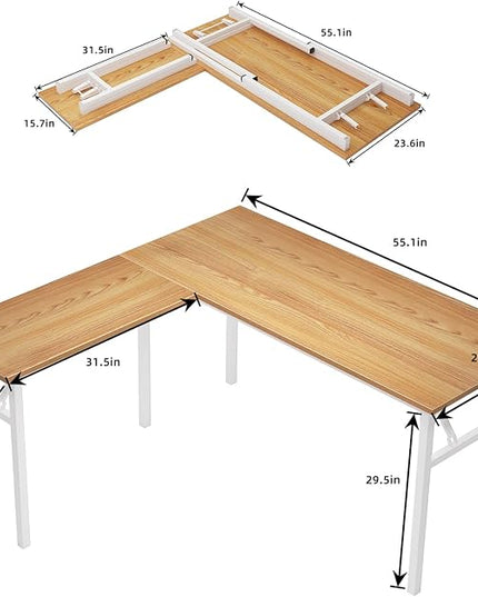 DlandHome Reversible L-Shaped Desk Large Corner Desk Folding Table Computer Desk Home Office Table Computer Workstation, ND11 (Teak + White) - LeafyLoom