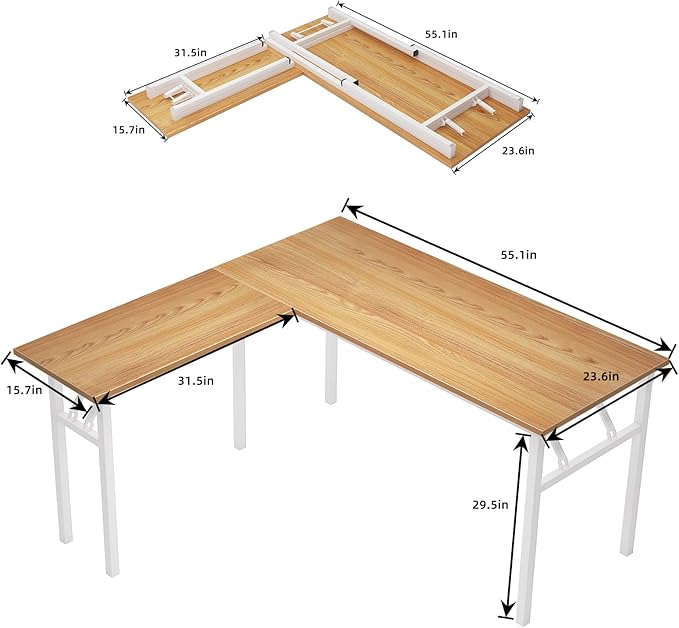 DlandHome Reversible L-Shaped Desk Large Corner Desk Folding Table Computer Desk Home Office Table Computer Workstation, ND11 (Teak + White) - LeafyLoom