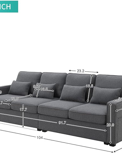 104" Modern Sofa, 4-seat Couch with Armrest Pockets and 4 Pillows for Living Room, Apartment, 104inch, Dark Gray - LeafyLoom