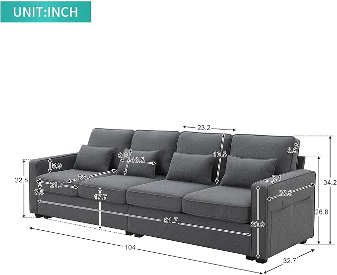 104" Modern Sofa, 4-seat Couch with Armrest Pockets and 4 Pillows for Living Room, Apartment, 104inch, Dark Gray - LeafyLoom