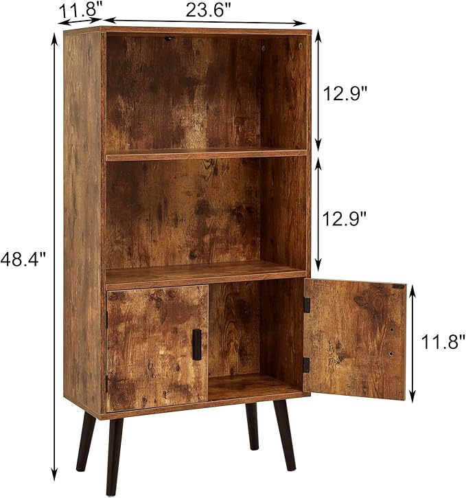 usikey 48.4" H Boho Bookcase, Retro Bookshelf with Doors & 2-Tier Shlef, Mid-Century Modern Storage Cabinet for Bedroom, Study, Living Room, Office, Library, Brown - LeafyLoom