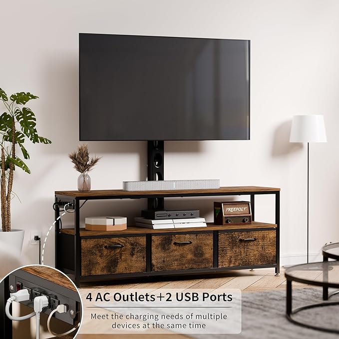 JUSTOGO TV Stand with Mount and Power Outlet, TV Stand with Drawers Storage for Living Room Bedroom, LED Entertainment Center for 45/55/60/65 inch TVs, Height Adjustable Media Console, Rustic - LeafyLoom