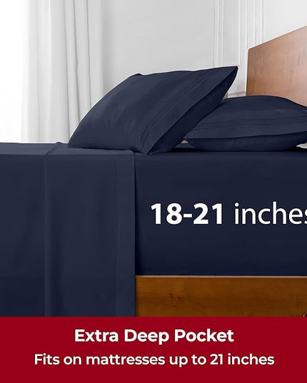 Mellanni Extra Deep Twin Sheets - 3 PC Iconic Collection Bedding Sheets & Pillowcases - Hotel Luxury, Ultra Soft, Cooling Bed Sheets - Extra Deep Pocket up to 21 inch (Twin, Navy Blue) - LeafyLoom
