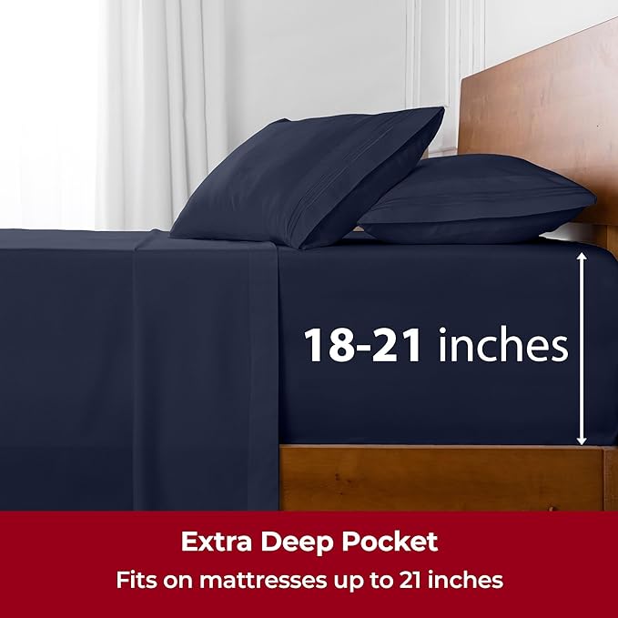 Mellanni Extra Deep Twin Sheets - 3 PC Iconic Collection Bedding Sheets & Pillowcases - Hotel Luxury, Ultra Soft, Cooling Bed Sheets - Extra Deep Pocket up to 21 inch (Twin, Navy Blue) - LeafyLoom