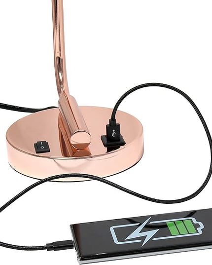Simple Designs LD1066-RGD-LB Industrial Vintage Bronson Iron Lantern Desk Table Lamp with USB Port and Glass Cylinder Shade for Office, Living Room, Bedroom, Rose Gold, with Feit LED Bulb Included - LeafyLoom
