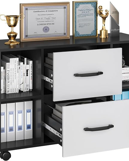 sogesfurniture Mobile Lateral Filing Cabinet with 2 Drawers,Lateral Office Cabinet Printer Stand, Multifunctional Storage Cabinet with Open Shelves and Castors for Home & Office (Black) - LeafyLoom
