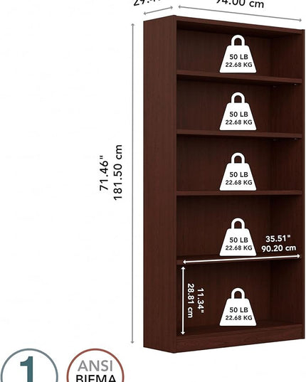 Bush Furniture Universal Tall 5 Shelf Bookcase in Vogue Cherry, Vertical Storage and Display Bookshelf for Home Office or Living Room Organization - LeafyLoom