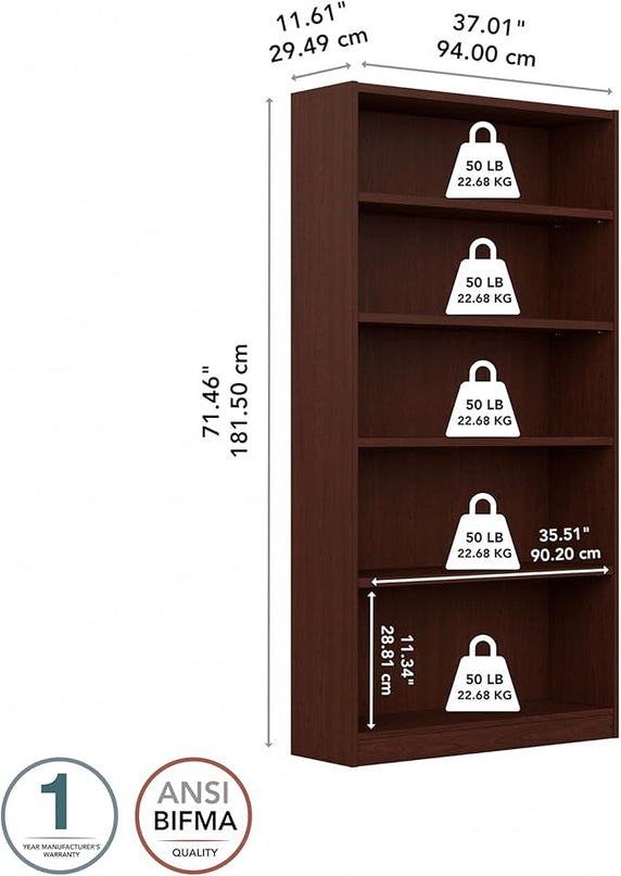 Bush Furniture Universal Tall 5 Shelf Bookcase in Vogue Cherry, Vertical Storage and Display Bookshelf for Home Office or Living Room Organization - LeafyLoom