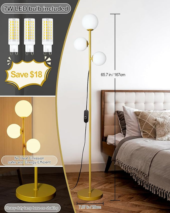 Mid Century Modern Floor Lamp for Living Room, 3 Globe Lights Tall Gold Standing Lamp with Frosted Glass Shades and Bulbs Included, Dimmable Vintage Floor Lamps for Bedroom Office Reading - LeafyLoom