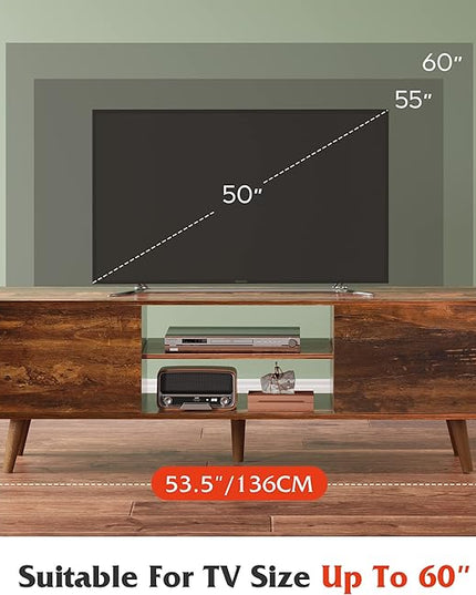 WLIVE TV Stand for 55 60 inch TV, Mid Century Modern TV Console, Entertainment Center with Storage for Living Room, Retro Brown - LeafyLoom
