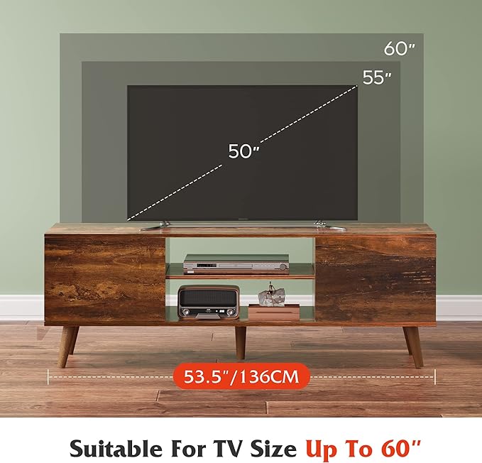WLIVE TV Stand for 55 60 inch TV, Mid Century Modern TV Console, Entertainment Center with Storage for Living Room, Retro Brown - LeafyLoom