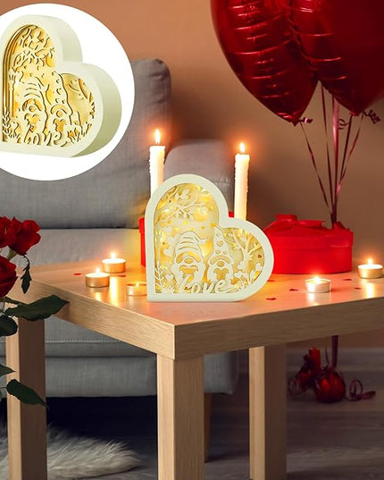 Valentine's Day LED Wooden Heart Light Sign 7 inch Light Up Heart Table Block Love Wood Lantern Shadow Box Gnome Shaped Tabletop Centerpiece for Wedding Engagement Shelf Desk Decoration - LeafyLoom