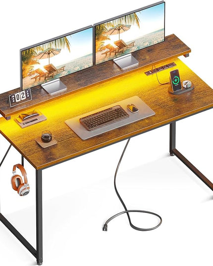 AODK Computer Desk, 48 Inch Gaming Desk with LED Lights and Power Outlet, Office Desk with Adjustable Monitor Shelf (3 Heights), Computer Table Work Desk for Home/Bedroom, Rustic Brown - LeafyLoom