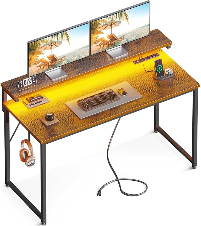 AODK Computer Desk, 48 Inch Gaming Desk with LED Lights and Power Outlet, Office Desk with Adjustable Monitor Shelf (3 Heights), Computer Table Work Desk for Home/Bedroom, Rustic Brown - LeafyLoom