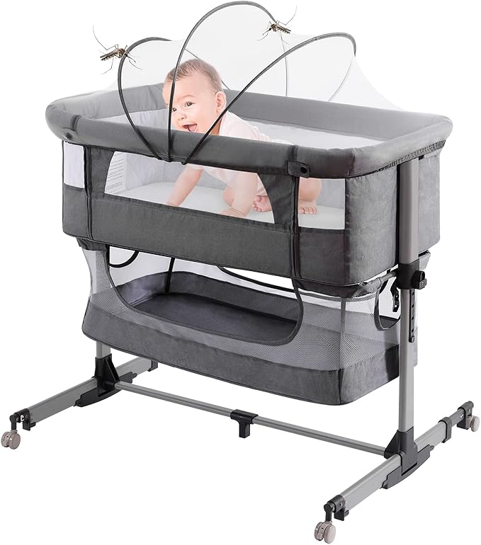 Baby Crib,3 in 1 Baby Bassinet Bedside Crib Adjustable Portable Bed for Infant,Baby Newborn Must Have Bed,Grey - LeafyLoom