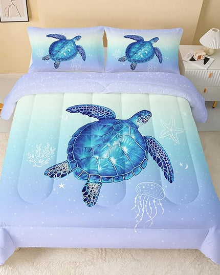 Turtle Comforter Twin Size,Ocean Comforter Set for Kids Teens Girls Boys,3Pcs Bedding Set Printed Comforter with 2 Pillowcases,Down Alternative,Soft and Lightweight(Blue，Twin Size) - LeafyLoom