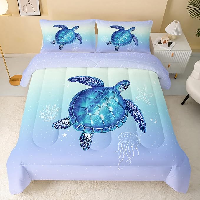 Turtle Comforter Twin Size,Ocean Comforter Set for Kids Teens Girls Boys,3Pcs Bedding Set Printed Comforter with 2 Pillowcases,Down Alternative,Soft and Lightweight(Blue，Twin Size) - LeafyLoom