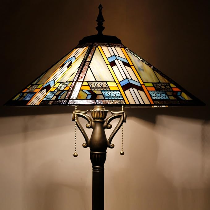 Tiffany Floor Lamp Mission Style Stained Glass Standing Reading Light 16X16X64 Inch Blue Cloudy - LeafyLoom