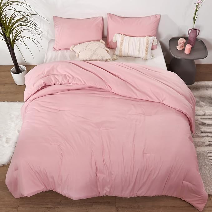 ROSGONIA Pink Comforter Set Queen, 3pcs (1 Boho Pink Comforter & 2 Pillowcases) All Season Bedding Comforters Lightweight Bedspread Blanket Quilt - LeafyLoom