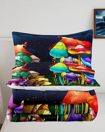 Mushroom Comforter Set Queen Size, Cute Mushroom Patterns Bedding Set for Boys Bedroom, Girls Ultra Soft Comforter Set Queen Size, Colorful Mushroom Comforter for All Season 3Pcs with Pillowcases - LeafyLoom