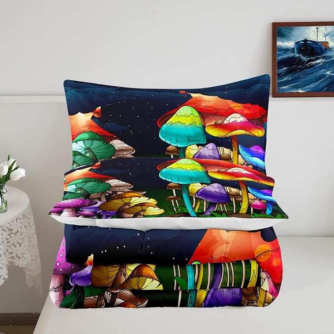 Mushroom Bedding Set Full Girls Ultra Soft Full Size Comforter Set for Boys Cute Cartoon Mushroom Comforter Set for Kids Teens Colorful Mushroom Microfiber Quilt for All Season 3Pcs with Pillowcases - LeafyLoom