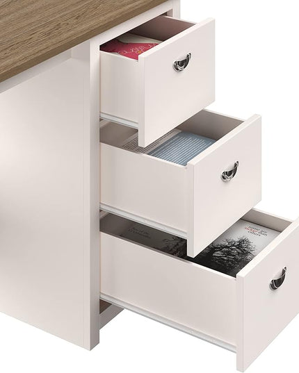 Lavish Home Traditional Desk with Attached 3-Drawer File Cabinet-for Home Office, Bedroom, Computer, or Craft Table, White and Wood Finish - LeafyLoom