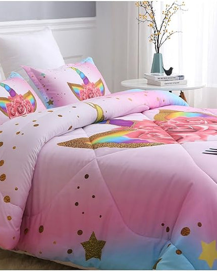 Kids Unicorn Bedding Set Twin Size for Girls, Pink Rainbow Girls Twin Comforter Set with 2 Pillowcases, Floral Kids Unicorn Bed Set Twin, Unicorn Room Decor for Girls Bedroom, All Season - LeafyLoom